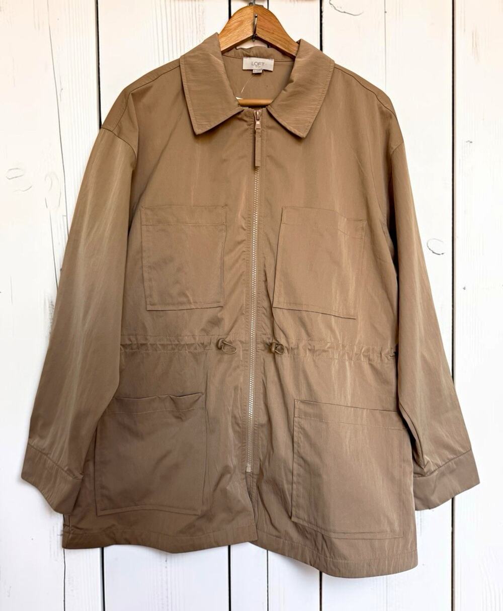 NWT LOFT Outlet Women's Beige Long Full Zip Utility Jacket Size L Safari Casual